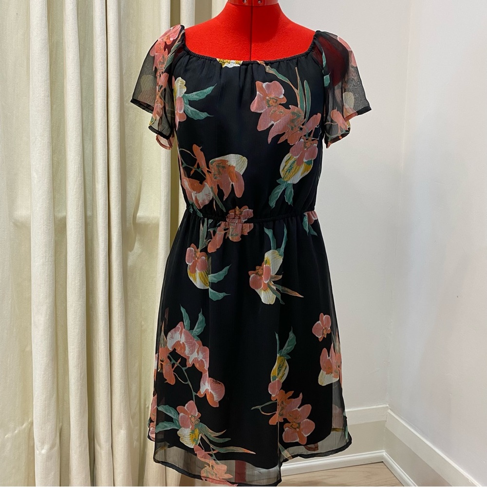 Vero Moda Floral Dress, Black/Pink/White, Off-the-Shoulder, A-line, Women (US M)
